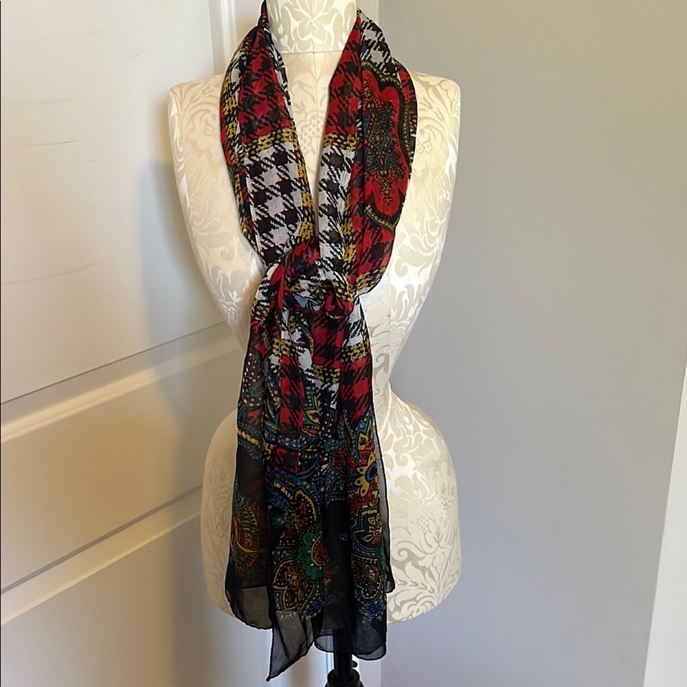 Elegant Red and Black Paisley and Houndstooth Scarf
